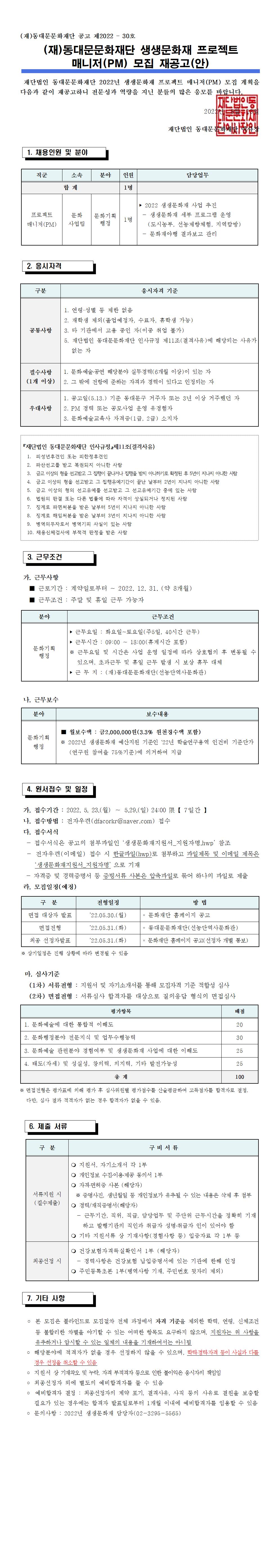 (재)동대문문화재단 공고 제2022 ？ 30호
(재)동대문문화재단 생생문화재 프로젝트
매니저(PM) 모집 재공고(안)
재단법인 동대문문화재단 2022년 생생문화재 프로젝트 매니저(PM) 모집 계획을
다음과 같이 재공고하니 전문성과 역량을 지닌 분들의 많은 응모를 바랍니다.
2022년 5월 13일
재단법인 동대문문화재단 이사장
1. 채용인원 및 분야
직군 소속 분야 인원 담당업무
합 계 1명
프로젝트
매니저(PM)
문화
사업팀
문화기획
행정 1명
？ 2022 생생문화재 사업 추진
- 생생문화재 세부 프로그램 운영
(도시농부, 선농제향체험, 지역탐방)
- 문화재야행 결과보고 관리
2. 응시자격
구분 응시자격 기준
공통사항
1. 연령·성별 등 제한 없음
2. 재학생 제외(졸업예정자, 수료자, 휴학생 가능)
3. 타 기관에서 고용 중인 자(이중 취업 불가)
5. 재단법인 동대문문화재단 인사규정 제11조(결격사유)에 해당되는 사유가
없는 자
『재단법인 동대문문화재단 인사규정』제11조(결격사유)
1. 피성년후견인 또는 피한정후견인
2. 파산선고를 받고 복권되지 아니한 사람
3. 금고 이상의 형을 선고받고 그 집행이 끝나거나 집행을 받지 아니하기로 확정된 후 5년이 지나지 아니한 사람
4. 금고 이상의 형을 선고받고 그 집행유예기간이 끝난 날부터 2년이 지나지 아니한 사람
5. 금고 이상의 형의 선고유예를 선고받고 그 선고유예기간 중에 있는 사람
6. 법원의 판결 또는 다른 법률에 따라 자격이 상실되거나 정지된 사람
7. 징계로 파면처분을 받은 날부터 5년이 지나지 아니한 사람
8. 징계로 해임처분을 받은 날부터 3년이 지나지 아니한 사람
9. 병역의무자로서 병역기피 사실이 있는 사람
10. 채용신체검사에 부적격 판정을 받은 사람
3. 근무조건
가. 근무사항
■ 근로기간 : 계약일로부터 ~ 2022. 12. 31. (약 8개월)
■ 근무조건 : 주말 및 휴일 근무 가능자
필수사항
(1개 이상)
1. 문화？예술？공연 해당분야 실무경력(6개월 이상)이 있는 자
2. 그 밖에 전항에 준하는 자격과 경력이 있다고 인정되는 자
우대사항
1. 공고일(5.13.) 기준 동대문구 거주자 또는 3년 이상 거주했던 자
2. PM 경력 또는 공모사업 운영 유경험자
3. 문화예술교육사 자격증(1급, 2급) 소지자
분야 근무조건
문화기획
행정
？ 근무요일 : 화요일~토요일(주5일, 40시간 근무)
？ 근무시간 : 09:00 ~ 18:00(휴게시간 포함)
※ 근무요일 및 시간은 사업 운영 일정에 따라 상호협의 후 변동될 수
있으며, 초과근무 및 휴일 근무 발생 시 보상 휴무 대체
？ 근 무 지 : (재)동대문문화재단(선농단역사문화관)
나. 근무보수
분야 보수내용
문화기획
행정
■ 월보수액 : 금2,000,000원(3.3% 원천징수액 포함)
※ 2022년 생생문화재 예산지원 기준인 ‘22년 학술연구용역 인건비 기준단가
(연구원 참여율 75%기준)에 의거하여 지급
4. 원서접수 및 일정
가. 접수기간 : 2022. 5. 23.(월) ～ 5.29.(일) 24:00 限【 7일간 】
나. 접수방법 : 전자우편(dfacorkr@naver.com) 접수
다. 접수서식
- 접수서식은 공고의 첨부파일인 ‘생생문화재지원서_지원자명.hwp’ 참조
- 전자우편(이메일) 접수 시 한글파일(hwp)로 첨부하고 파일제목 및 이메일 제목은
‘생생문화재지원서_지원자명’ 으로 기재
- 자격증 및 경력증명서 등 증빙서류 사본은 압축파일로 묶어 하나의 파일로 제출
라. 모집일정(예정)
구 분 전형일정 방 법
면접 대상자 발표 ’22.05.30.(월) ？ 문화재단 홈페이지 공고
면접전형 ’22.05.31.(화) ？ 동대문문화재단(선농단역사문화관)
최종 선정자발표 ’22.05.31.(화) ？ 문화재단 홈페이지 공고(선정자 개별 통보)
※ 상기일정은 진행 상황에 따라 변경될 수 있음
마. 심사기준
(1차) 서류전형 : 지원서 및 자기소개서를 통해 모집자격 기준 적합성 심사
(2차) 면접전형 : 서류심사 합격자를 대상으로 질의응답 형식의 면접심사
평가항목 배점
1. 문화예술에 대한 통합적 이해도 20
2. 문화행정분야 전문지식 및 업무수행능력 30
3. 문화예술 관련분야 경험여부 및 생생문화재 사업에 대한 이해도 25
4. 태도(자세) 및 성실성, 창의력, 의지력, 기타 발전가능성 25
총 계 100
※ 면접전형은 평가표에 의해 평가 후 심사위원별 평가점수를 산술평균하여 고득점자를 합격자로 결정.
다만, 심사 결과 적격자가 없는 경우 합격자가 없을 수 있음.
6. 제출 서류
7. 기타 사항
？ 본 모집은 블라인드로 모집절차 전체 과정에서 자격 기준을 제외한 학력, 연령, 신체조건
등 불합리한 차별을 야기할 수 있는 어떠한 항목도 요구하지 않으며, 지원자는 위 사항을
구 분 구 비 서 류
서류지원 시
(필수제출)
m 지원서, 자기소개서 각 1부
m 개인정보 수집？이용？제공 동의서 1부
m 자격？면허증 사본 (해당자)
※ 증명사진, 생년월일 등 개인정보가 유추될 수 있는 내용은 삭제 후 첨부
m 경력/재직증명서(해당자)
- 근무기간, 직위, 직급, 담당업무 및 주단위 근무시간을 정확히 기재
하고 발행기관의 직인과 취급자 성명？취급자 인이 있어야 함
m 기타 지원서류 상 기재사항(경험사항 등) 입증자료 각 1부 등
최종선정 시
m 건강보험자격득실확인서 1부 (해당자)
- 경력사항은 건강보험 납입증명서에 있는 기관에 한해 인정
m 주민등록초본 1부(병역사항 기재, 주민번호 뒷자리 제외)
유추하거나 암시할 수 있는 일체의 내용을 기재하여서는 아니됨
？ 해당분야에 적격자가 없을 경우 선정하지 않을 수 있으며, 학력？경력？자격 등이 사실과 다를
경우 선정을 취소할 수 있음
？ 지원서 상 기재착오 및 누락, 자격 부적격자 등으로 인한 불이익은 응시자의 책임임
？ 최종선정자 외에 별도의 예비합격자를 둘 수 있음
？ 예비합격자 결정 : 최종선정자의 계약 포기, 결격사유, 사직 등의 사유로 결원을 보충할
필요가 있는 경우에는 합격자 발표일로부터 1개월 이내에 예비합격자를 임용할 수 있음
？ 문의사항 : 2022년 생생문화재 담당자(02-3295-5565)