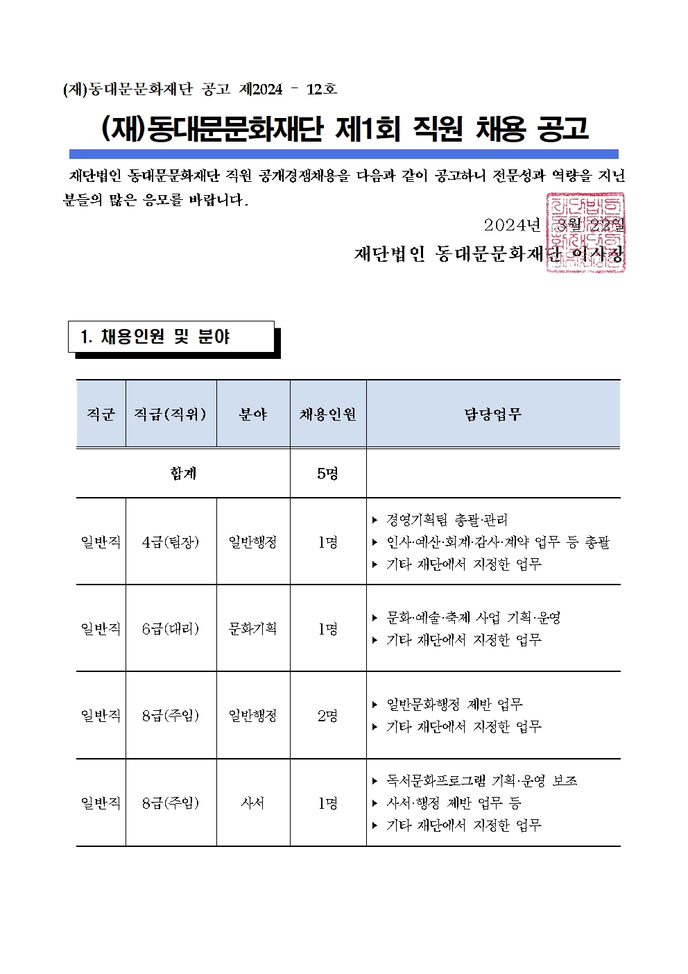 재단법인 동대문문화재단 2024년 제1회 직원 채용 공고 1